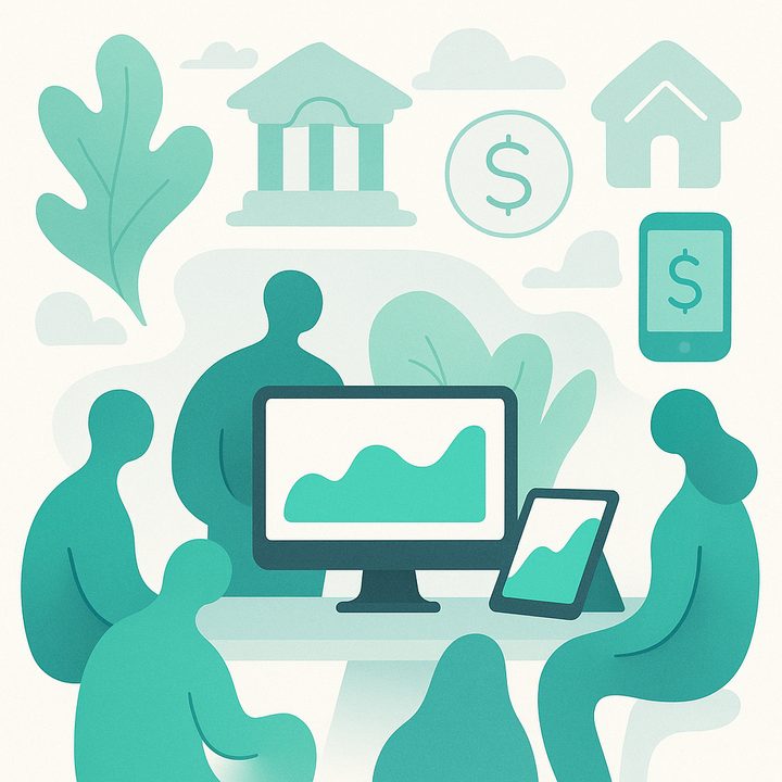 Diverse professionals using digital tools for retirement planning in a modern office setting.